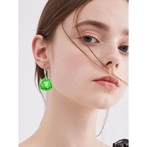 Sterling Silver Peridot Simple Geometric Birthstone Dangle Drop Earring Jewelry - Picture 5 of 5